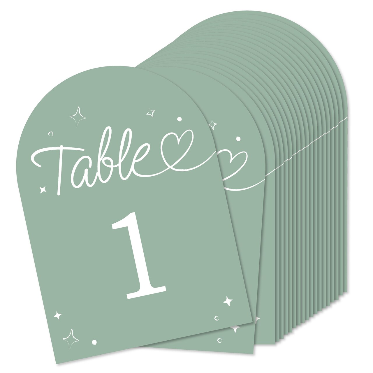 Big Dot of Happiness Wedding Hearts Sage Green Table Numbers Centerpieces, Double-Sided 5 x 7 inches Cards, Table Numbers - 1-20